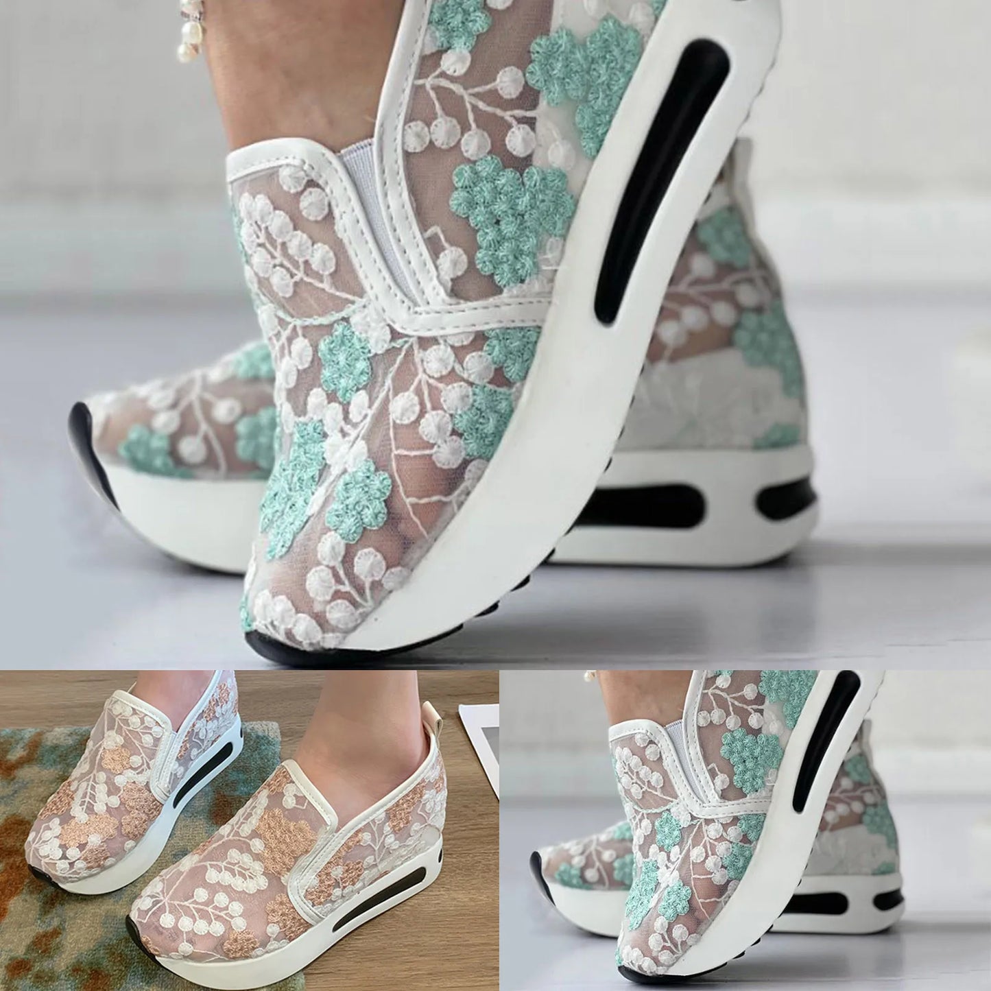 Floral Comfort Thick Sole Shoes: Breathable Mesh Sneakers for Women