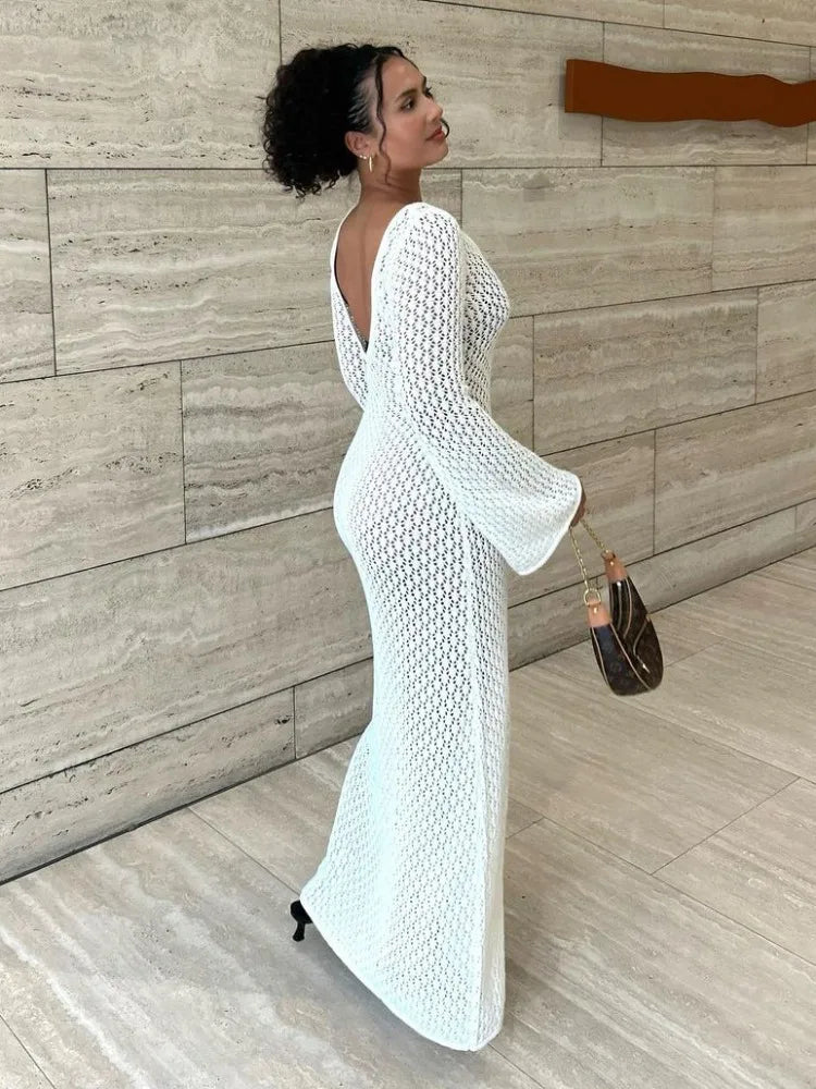 Sunset Silhouette White Knit Maxi: Hollow V-Neck Beach Dress