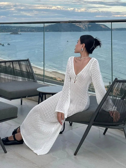 Sunset Silhouette White Knit Maxi: Hollow V-Neck Beach Dress