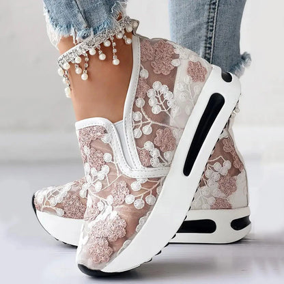 Floral Comfort Thick Sole Shoes: Breathable Mesh Sneakers for Women