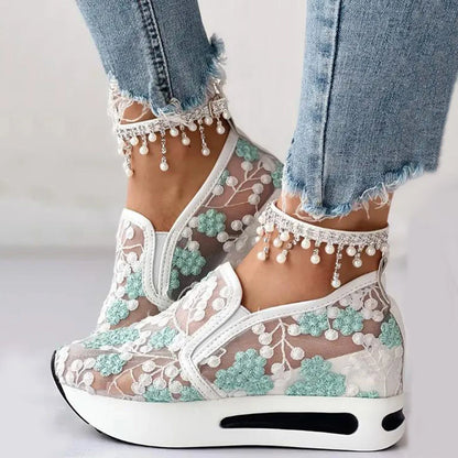 Floral Comfort Thick Sole Shoes: Breathable Mesh Sneakers for Women