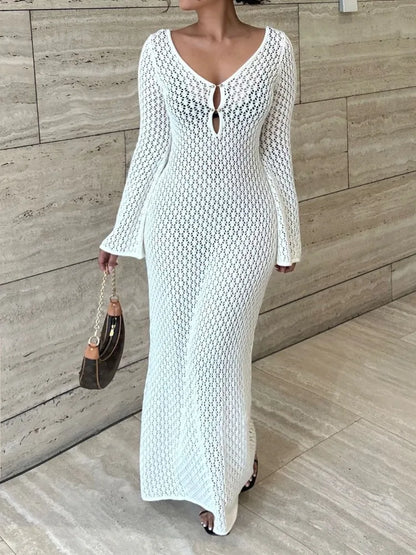 Sunset Silhouette White Knit Maxi: Hollow V-Neck Beach Dress