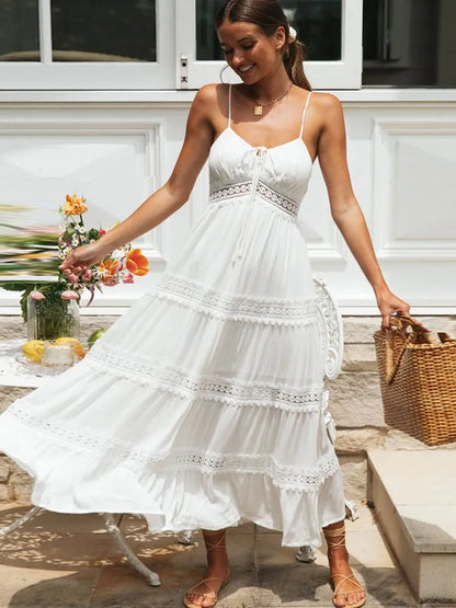 Sunlit Elegance: White Hollow-Out Beach Maxi Dress 2024