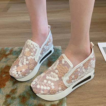 Floral Comfort Thick Sole Shoes: Breathable Mesh Sneakers for Women