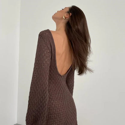 Sunset Glow Backless Knit Dress: Beige Slim Summer Cover-Up