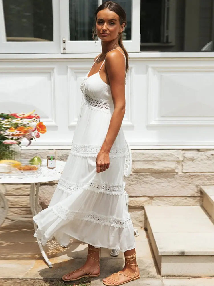 Sunlit Elegance: White Hollow-Out Beach Maxi Dress 2024