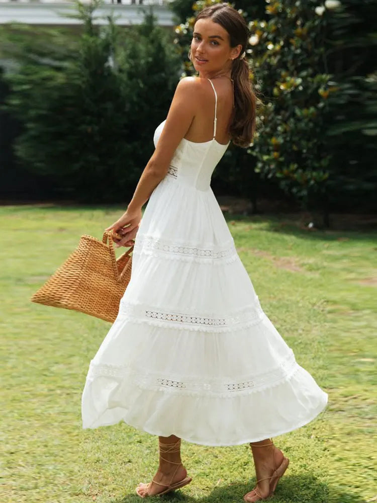 Sunlit Elegance: White Hollow-Out Beach Maxi Dress 2024