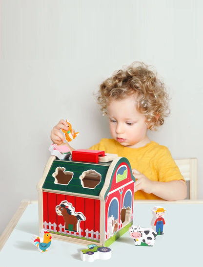 Maison assortie des amis de la ferme : jouet de tri de formes en bois Montessori