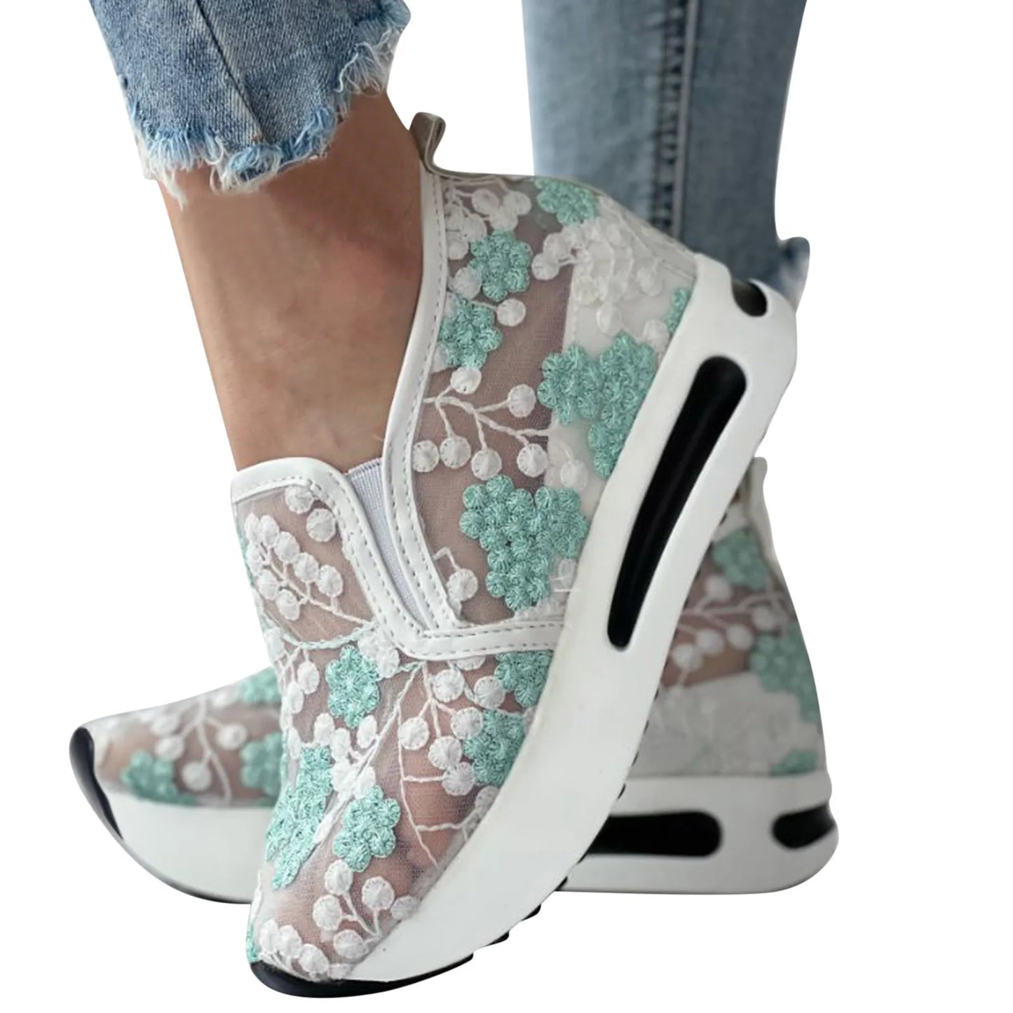 Floral Comfort Thick Sole Shoes: Breathable Mesh Sneakers for Women