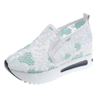 Floral Comfort Thick Sole Shoes: Breathable Mesh Sneakers for Women